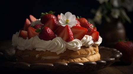 Strawberry cake with whipped cream and fresh strawberries on a dark backgroundの素材