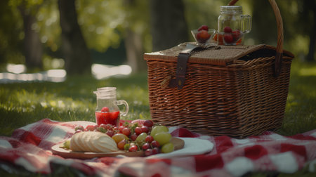 Picnic in the park with a basket of fruit and wine.の素材
