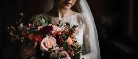 Beautiful wedding bouquet of different flowers in the hands of the brideの素材