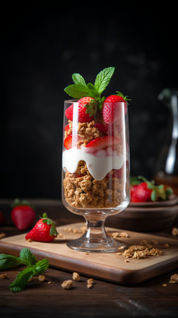 Granola with yogurt and strawberries in a glass on a dark backgroundの素材