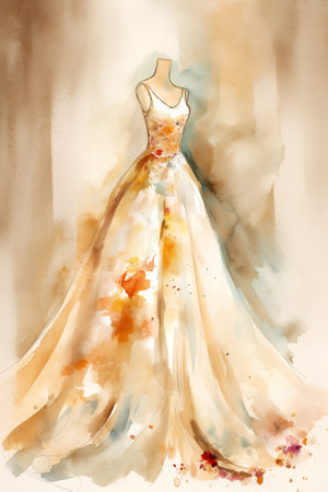 Watercolor illustration of a beautiful wedding dress on a mannequinの素材