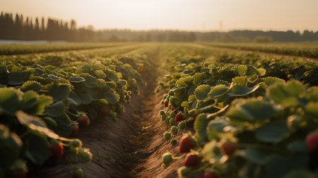 Strawberry field at sunset in summer. Strawberries growing on the field.の素材