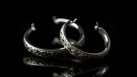 Beautiful silver earrings on a black background. Jewelry background.の素材