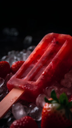 Homemade popsicles with strawberry and ice on dark background. Selective focus.の素材