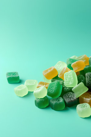 Assorted gummy candies on green background. Top view.の素材
