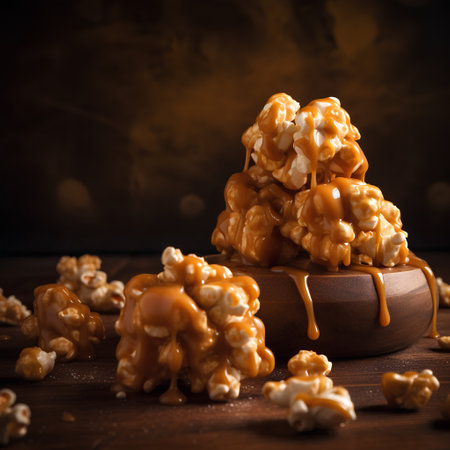 Caramel popcorn with caramel on a wooden background. Selective focus.の素材