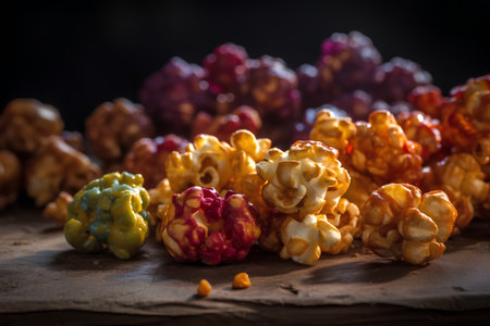 Popcorn with red and yellow glaze on a dark background.の素材