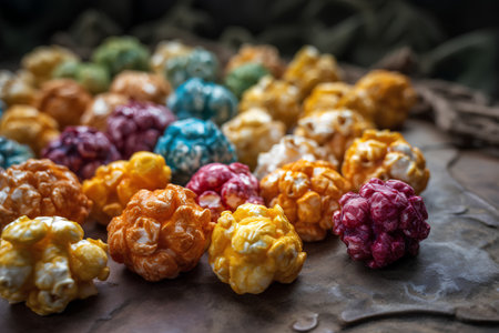 Colorful popcorn on rustic wooden background. Selective focus.の素材