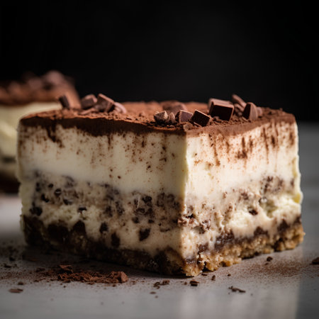 Tiramisu cake on a dark background. Toned.の素材
