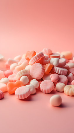 Colorful candies on pink background. Sweet sugar candies.の素材