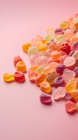 Colorful candies in the shape of hearts on a pink backgroundの素材