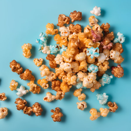 Popcorn scattered on blue background. Popcorn pattern. Top viewの素材