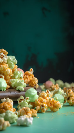 sweet popcorn with caramel on a green background. toning. selective focusの素材
