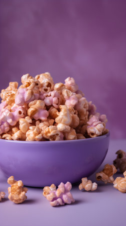 Popcorn in a bowl on a purple background. Selective focus.の素材
