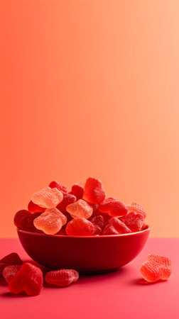Red heart-shaped jelly candies in bowl on orange background.の素材