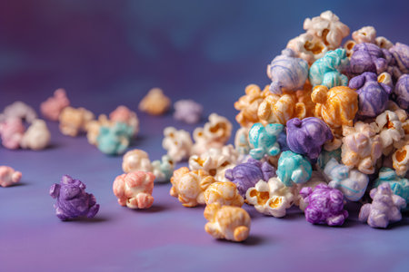 Colorful popcorn on a purple background. Selective focus. Toned.の素材