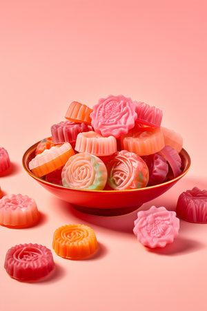 Colorful candies in bowl on pink background. 3d illustrationの素材