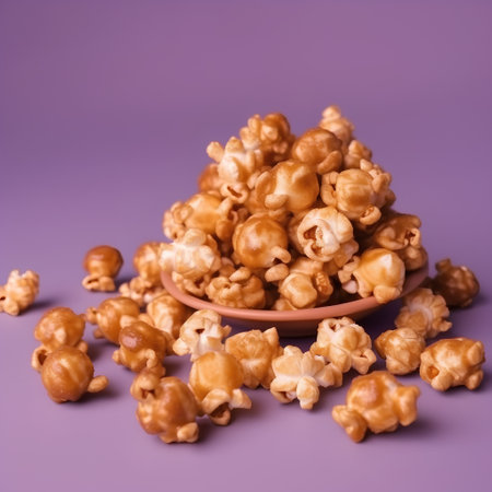 Popcorn in a plate on a purple background. Selective focus.の素材