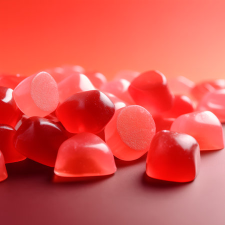 Red heart shaped candies on a red background. Shallow depth of fieldの素材