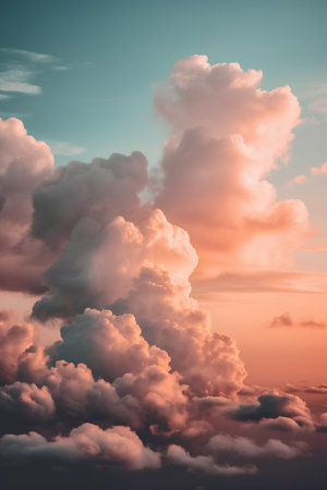 Beautiful sunset sky background with tiny clouds, vintage toned.の素材
