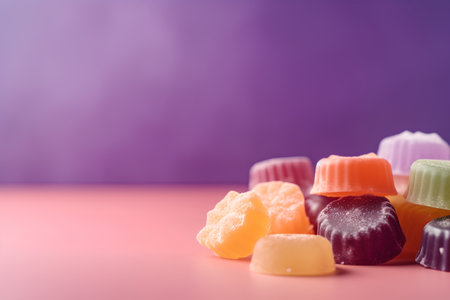 Colorful candies on pink background with copy space. Selective focus.の素材