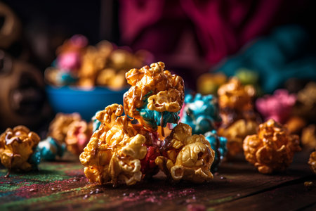 Colored popcorn on a wooden background. Selective focus. Toned.の素材