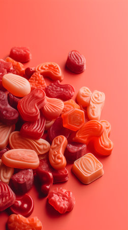 Assorted gummy candies. Top view. Jelly sweets background.の素材