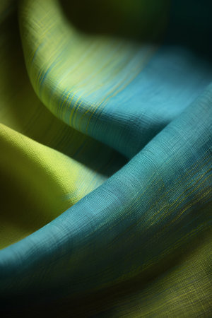 macro texture fragment of a colored silk scarf, green and yellowの素材