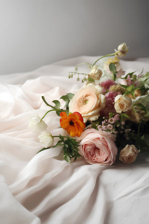 Beautiful bouquet of flowers on the bed. Selective focus.の素材