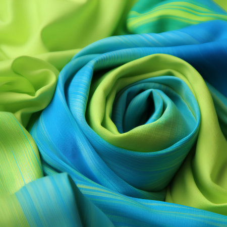 close up of blue and green crepe de china silk fabricの素材