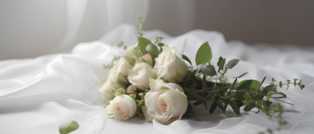 Wedding bouquet of white roses on a white cloth.の素材