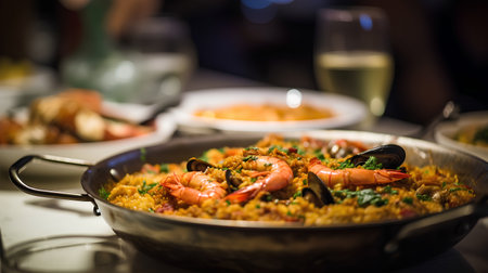 Seafood paella in a pan on a table in a restaurantの素材