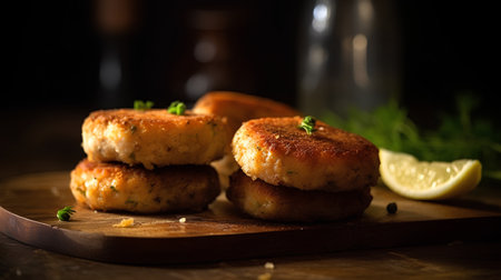 Fish cakes with lemon and herbs on a wooden board, selective focusの素材