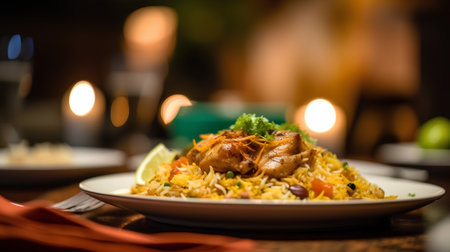 Pilaf with chicken and vegetables on a wooden table in a restaurantの素材