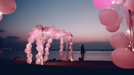 Wedding arch on the beach with pink balloons at sunset.の素材