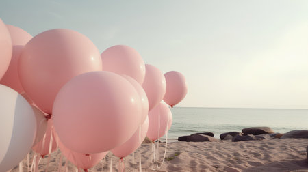 Pink balloons on the beach. Retro style toned picture with shallow depth of fieldの素材