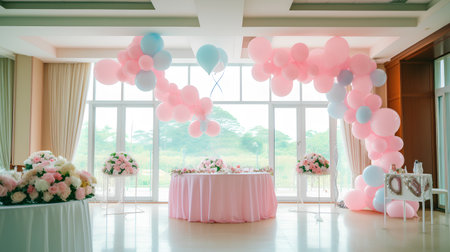 Wedding decoration with pink and blue balloons in the interior of the roomの素材