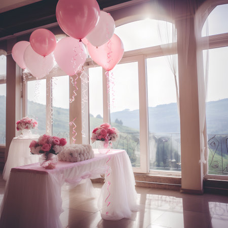 Wedding table with pink and white balloons and flowers on the balconyの素材