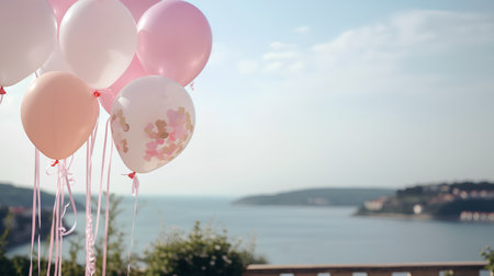 Bunch of pink and white balloons on a background of the seaの素材