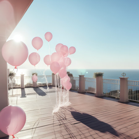 Balcony with pink balloons on the background of the sea.の素材