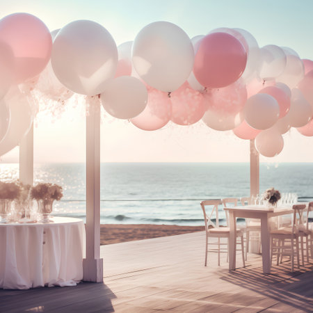 Wedding table with pink and white balloons on the beach.の素材