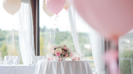 wedding table with pink and white candles and balloons, selective focusの素材