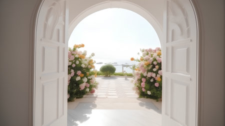 Beautiful view of the door to the terrace with flowers.の素材