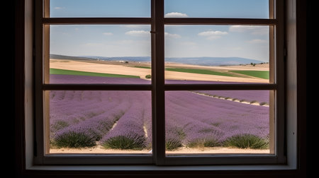 Lavender fields seen through a window in Provence, Franceの素材