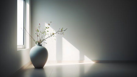 3d render of vase with flowers in the room with sunlightの素材