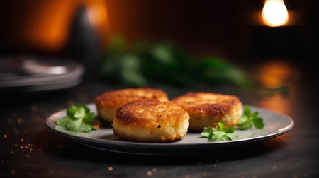 fried cheese pancakes with parsley on a black plate on a dark backgroundの素材