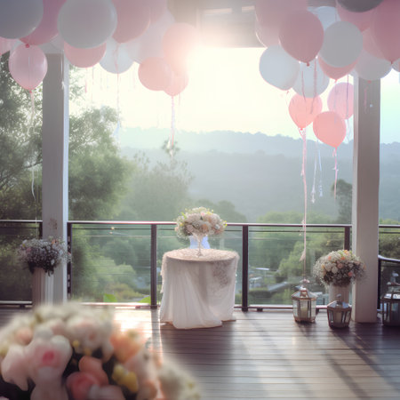 Wedding cake on the balcony with pink balloons and flowers.の素材