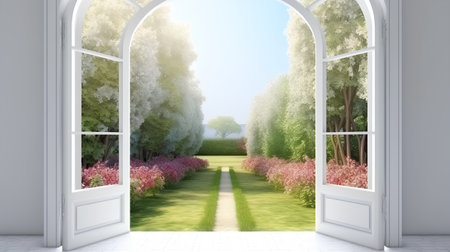 open door to the garden with green grass and trees in the backgroundの素材