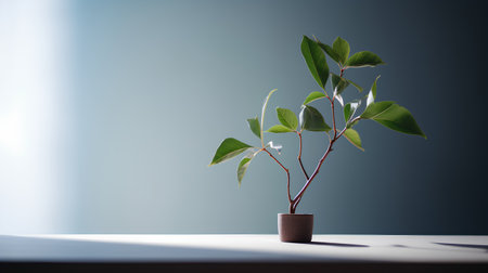 Ficus in a pot on a white table and blue wall backgroundの素材