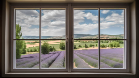 Lavender field seen through a window in Provence, Franceの素材